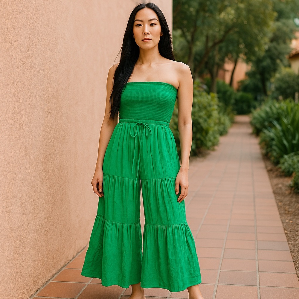 Love Tree Green Tiered Strapless Jumpsuit - Picture 1 of 4